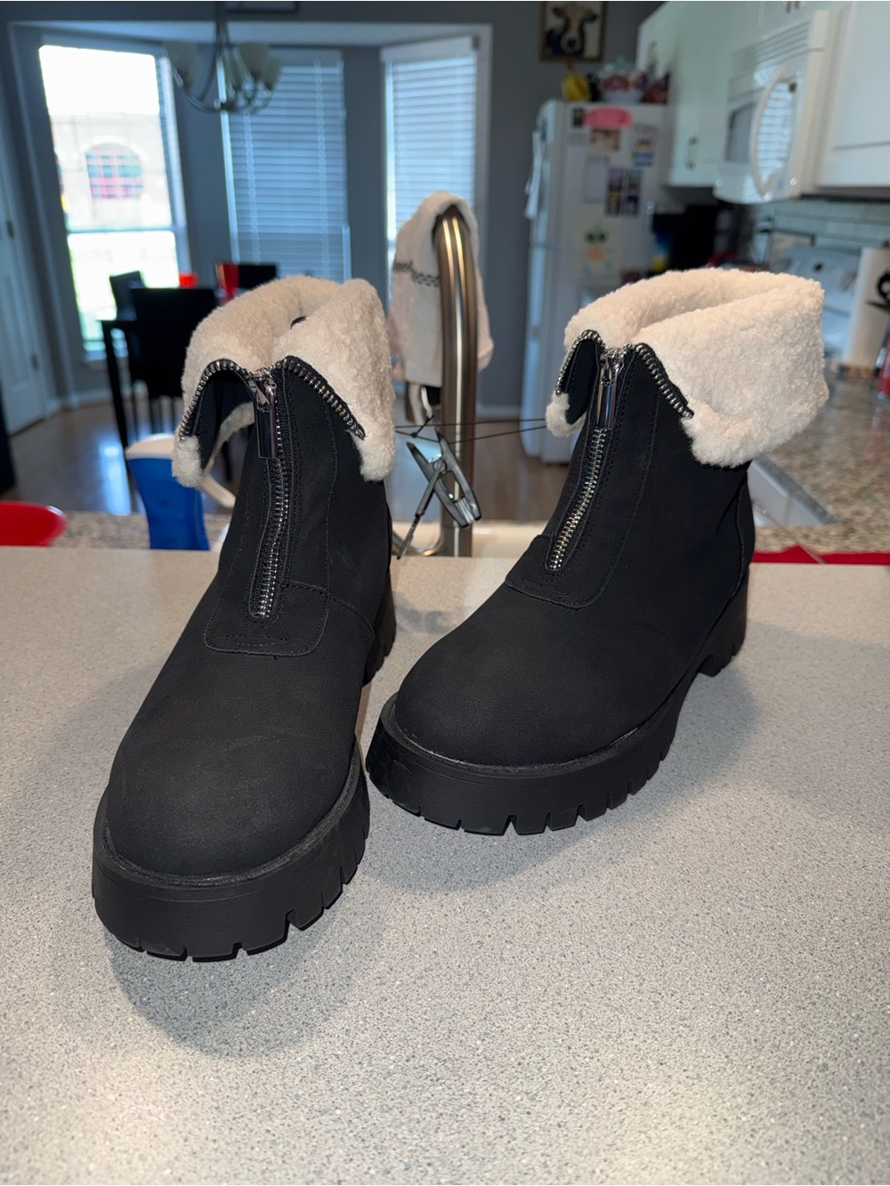 No Boundaries Women's Black Faux-Shearling Zip Boots Wide Width 10W
